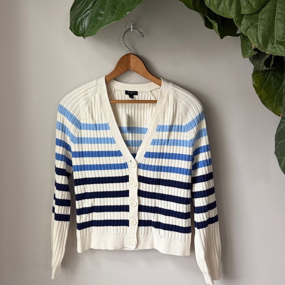 Talbots White + Blue Ribbed Button V Neck Breton Stripe Cardigan
